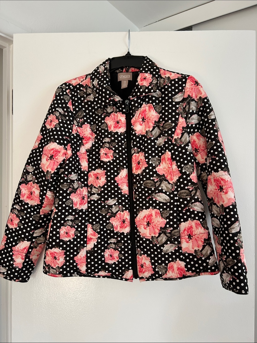 Chico's Black Floral Polka Dot Quilted Jacket - Pink Flowers
